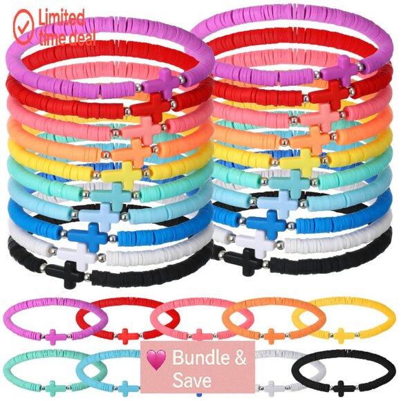 30-Pack Cross Bracelets, Polymer Clay Beads, Elastic Fit, Religious Wristbands - Picture 1 of 8